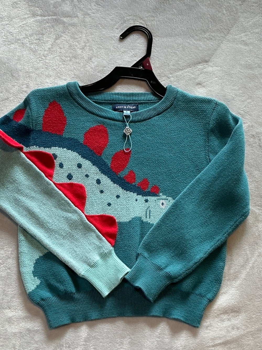 Andy & Evan Teal Dinosaur Intarsia Sweater with Red Accents